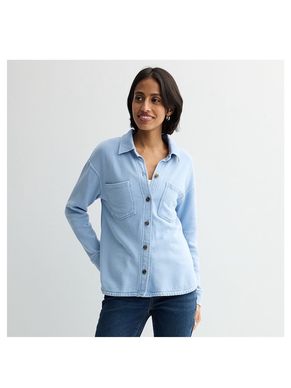 Light Blue Knit Fleece Shacket - Women